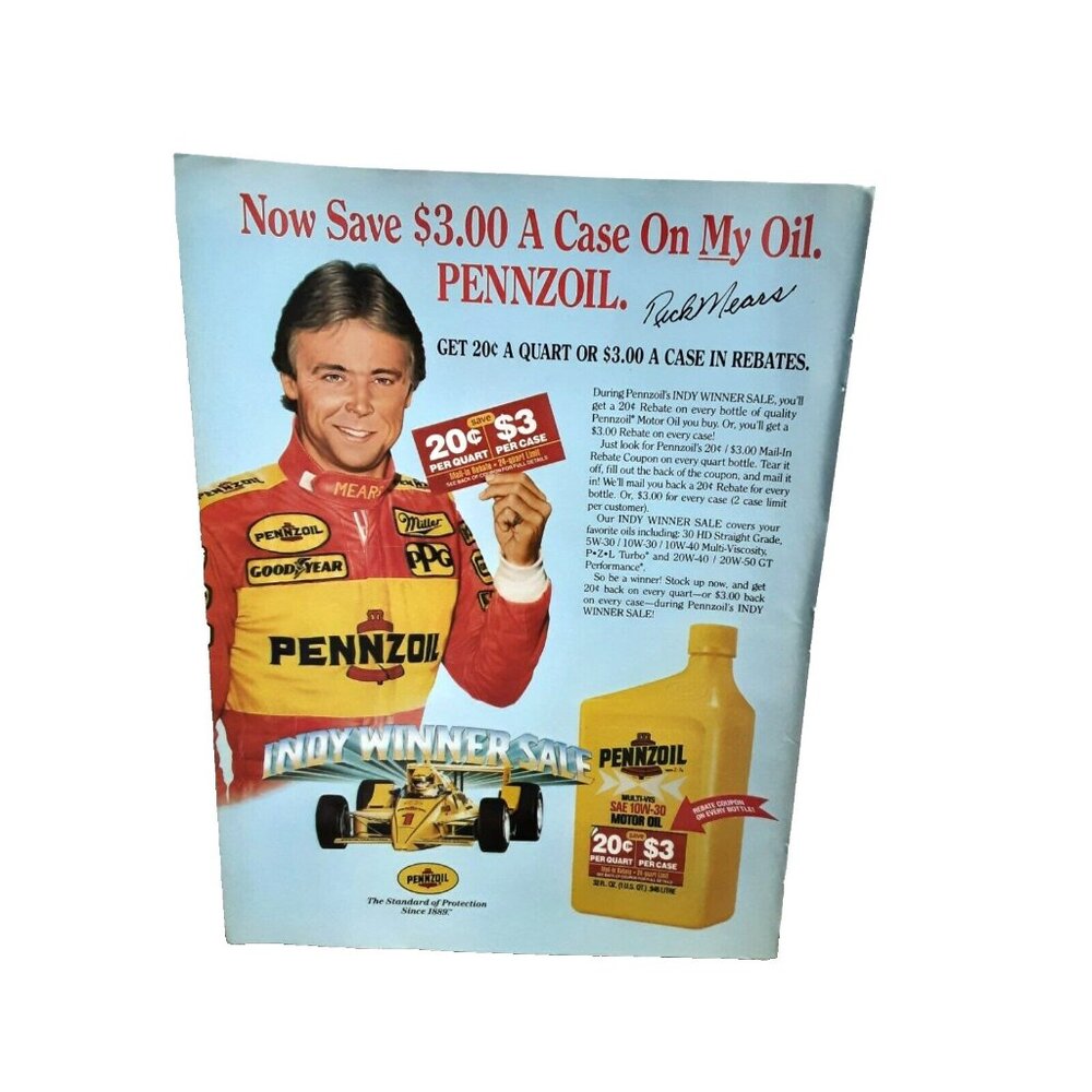 1987 Pennzoil Rick Mears Racing Motor Oil Original Print Ad vintage 80s